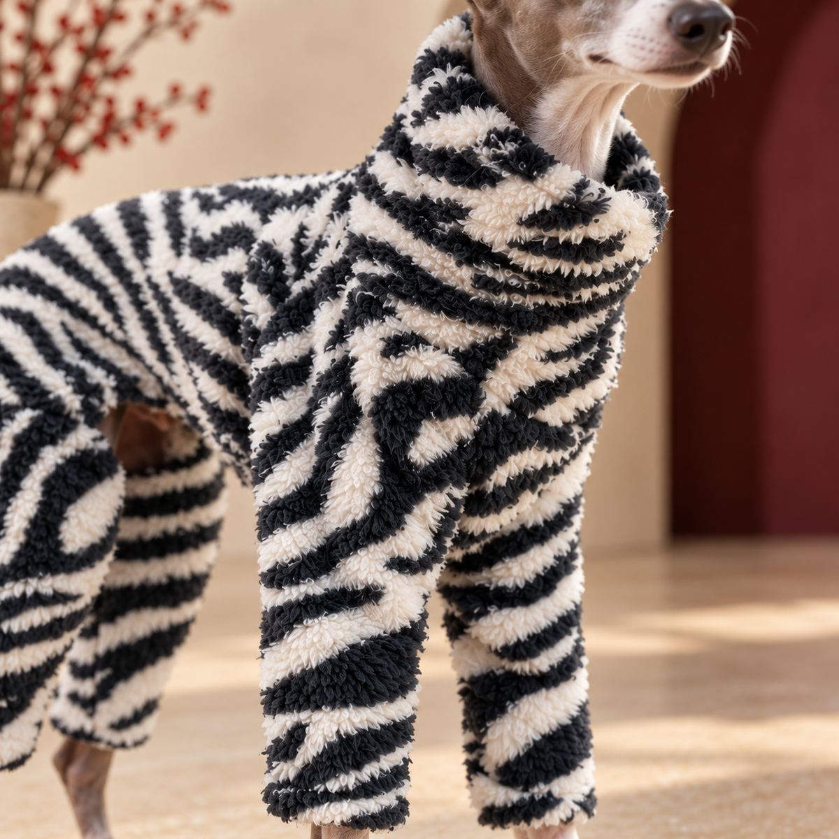 Close-up of zebra coral fleece pajama collar and chest on an Italian Greyhound