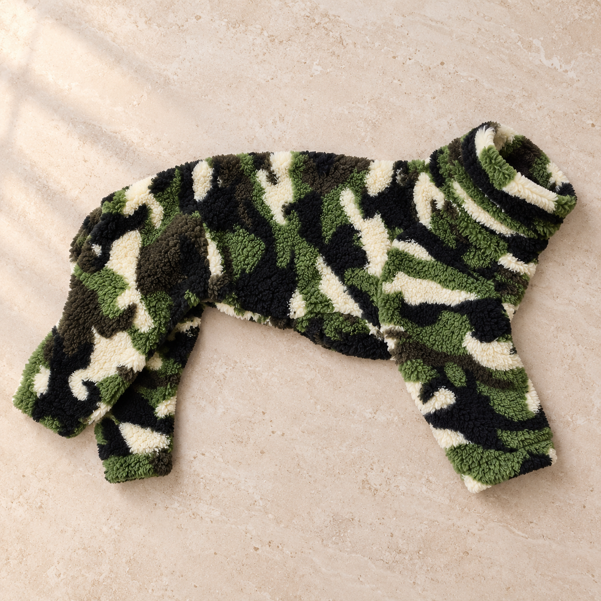 Camouflage coral fleece four-leg pajamas laid flat
