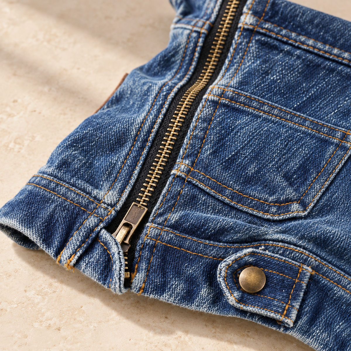 Close-up of denim weave, back zipper, contrast stitching and hem button
