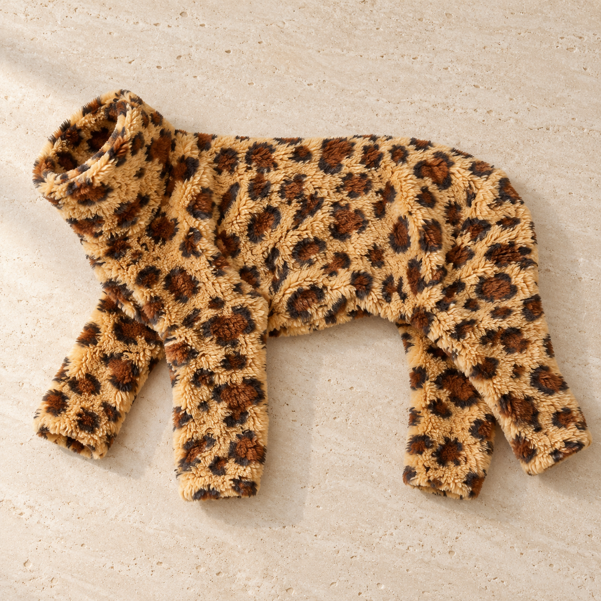 Leopard print coral fleece four-leg pajamas laid flat