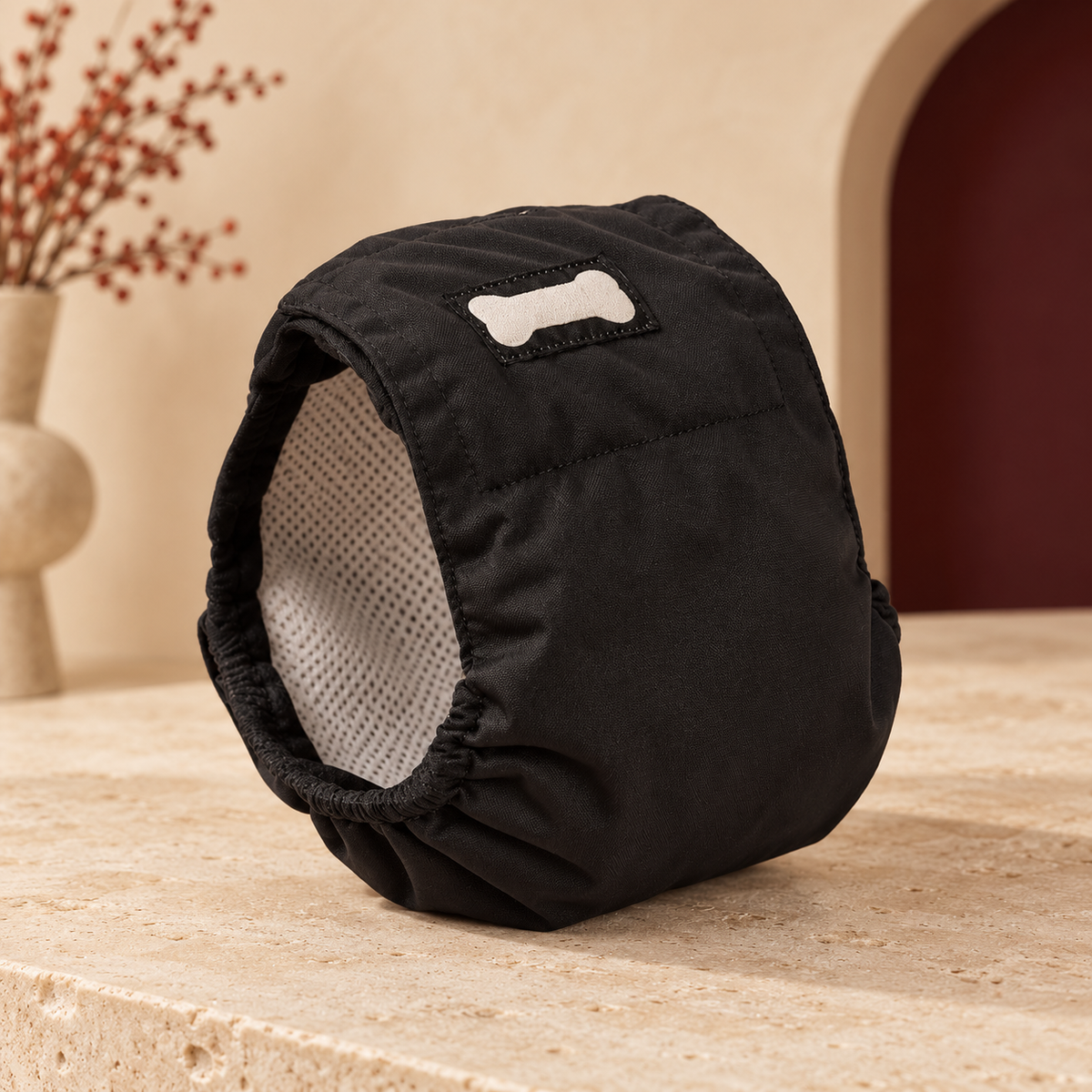 Black male dog belly band with pale mesh lining