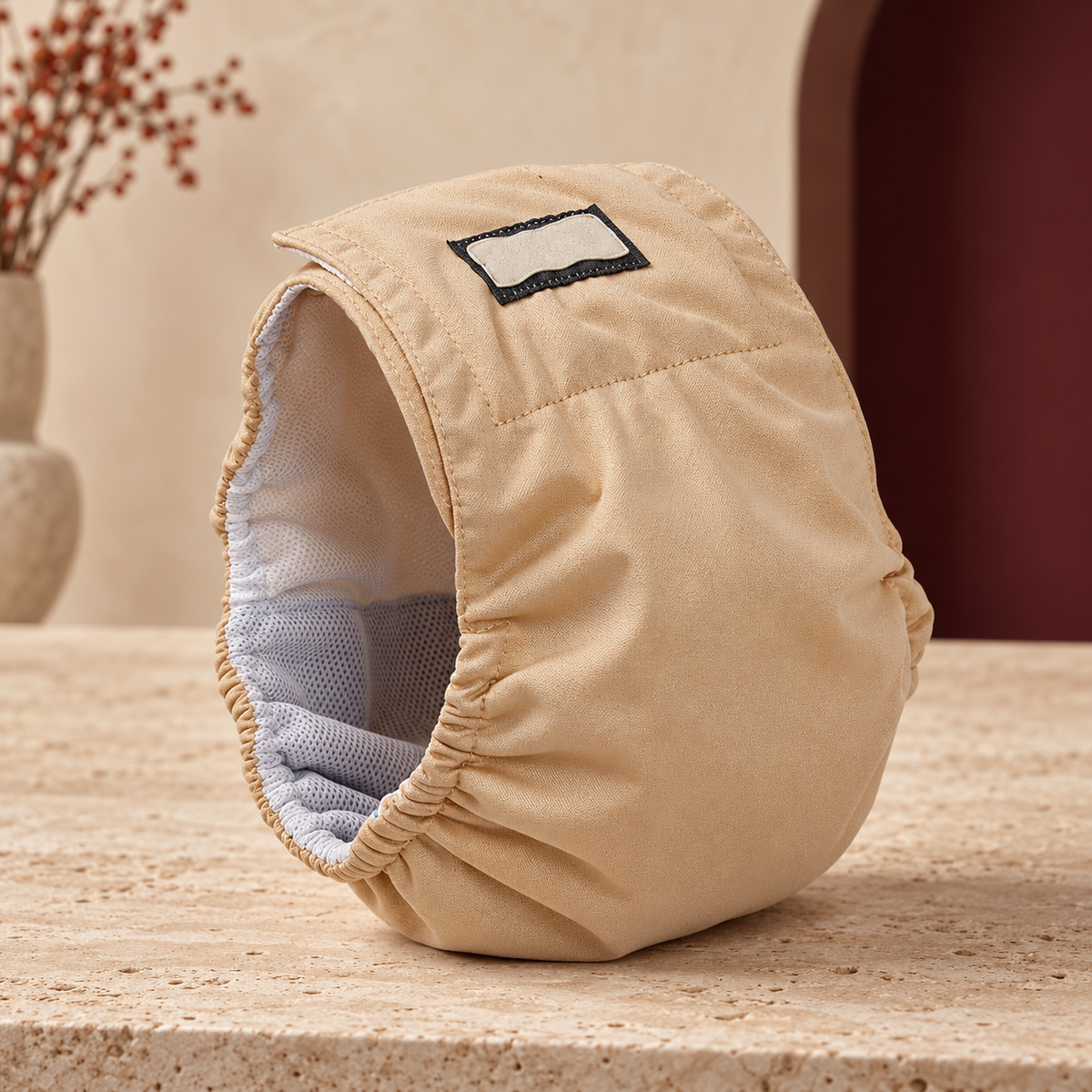 Beige male dog belly band with elastic edges and lining