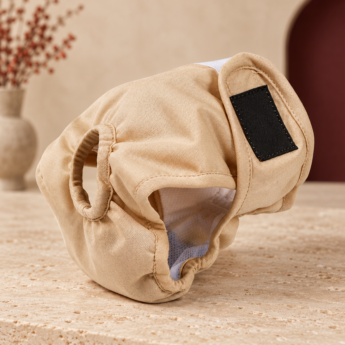 Beige hygiene pants with elastic tail opening
