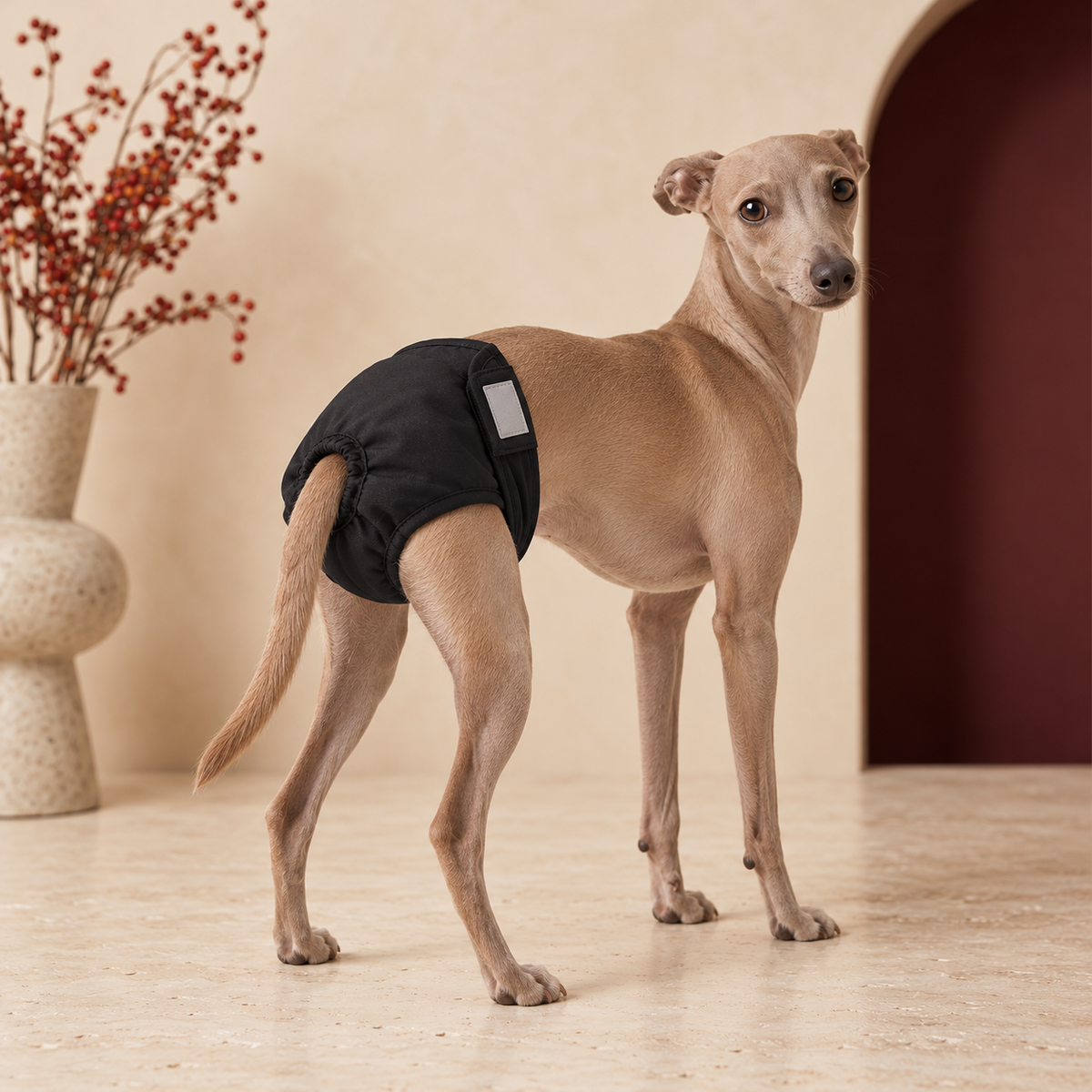 Italian Greyhound wearing black hygiene pants