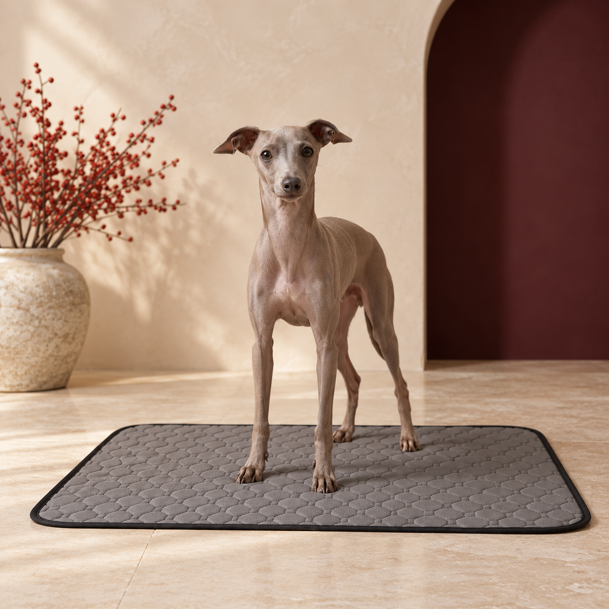 Quilted Washable Dog Training Pad in Gray, with an Italian Greyhound