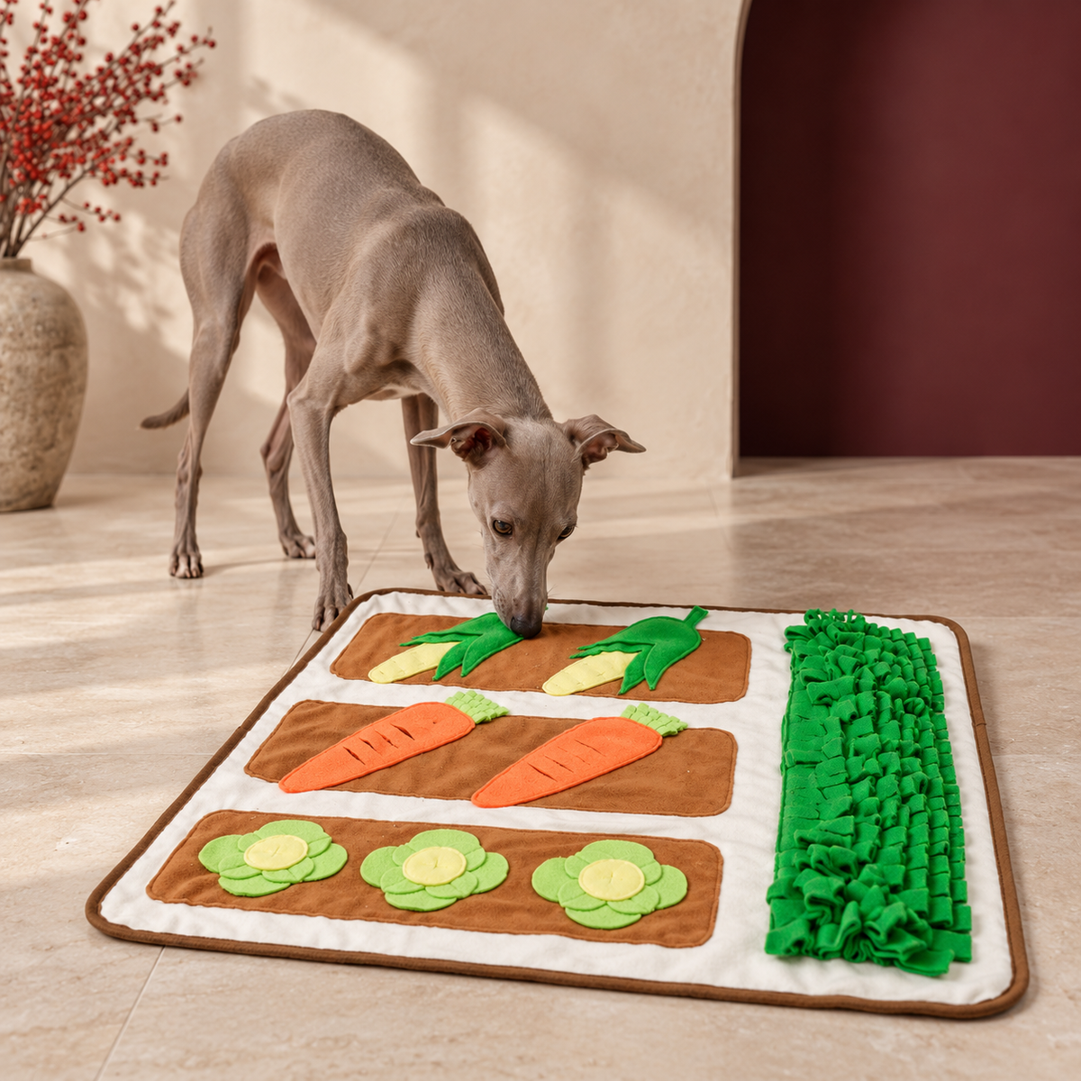 Vegetable Garden Snuffle Mat in Beige, with an Italian Greyhound