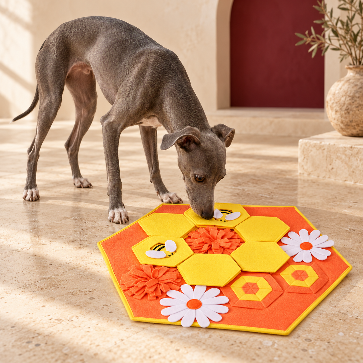 Italian Greyhound using Honeycomb Bee Dog Snuffle Mat — Orange hero