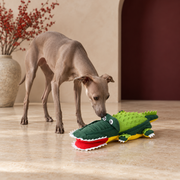 Crocodile Snuffle Dog Toy in Green, with an Italian Greyhound