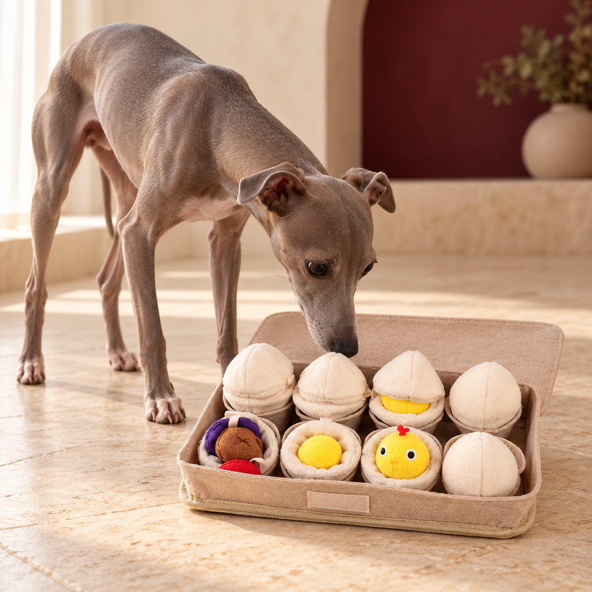 Italian Greyhound using Egg Box Dog Snuffle Toy — Beige hero