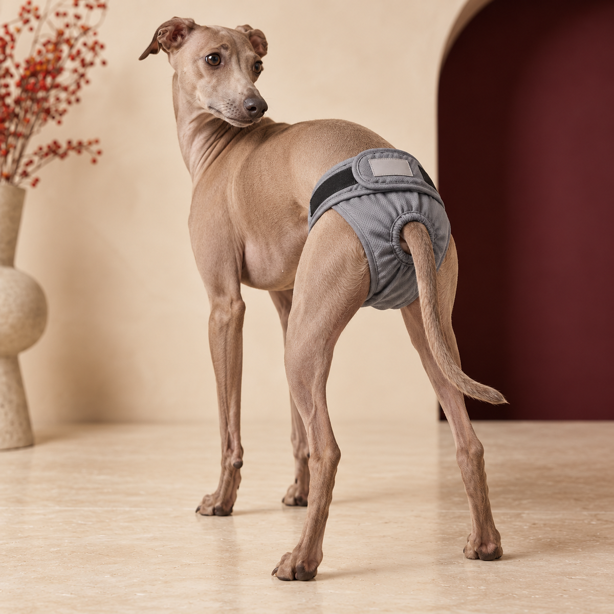 Italian Greyhound wearing gray hygiene pants