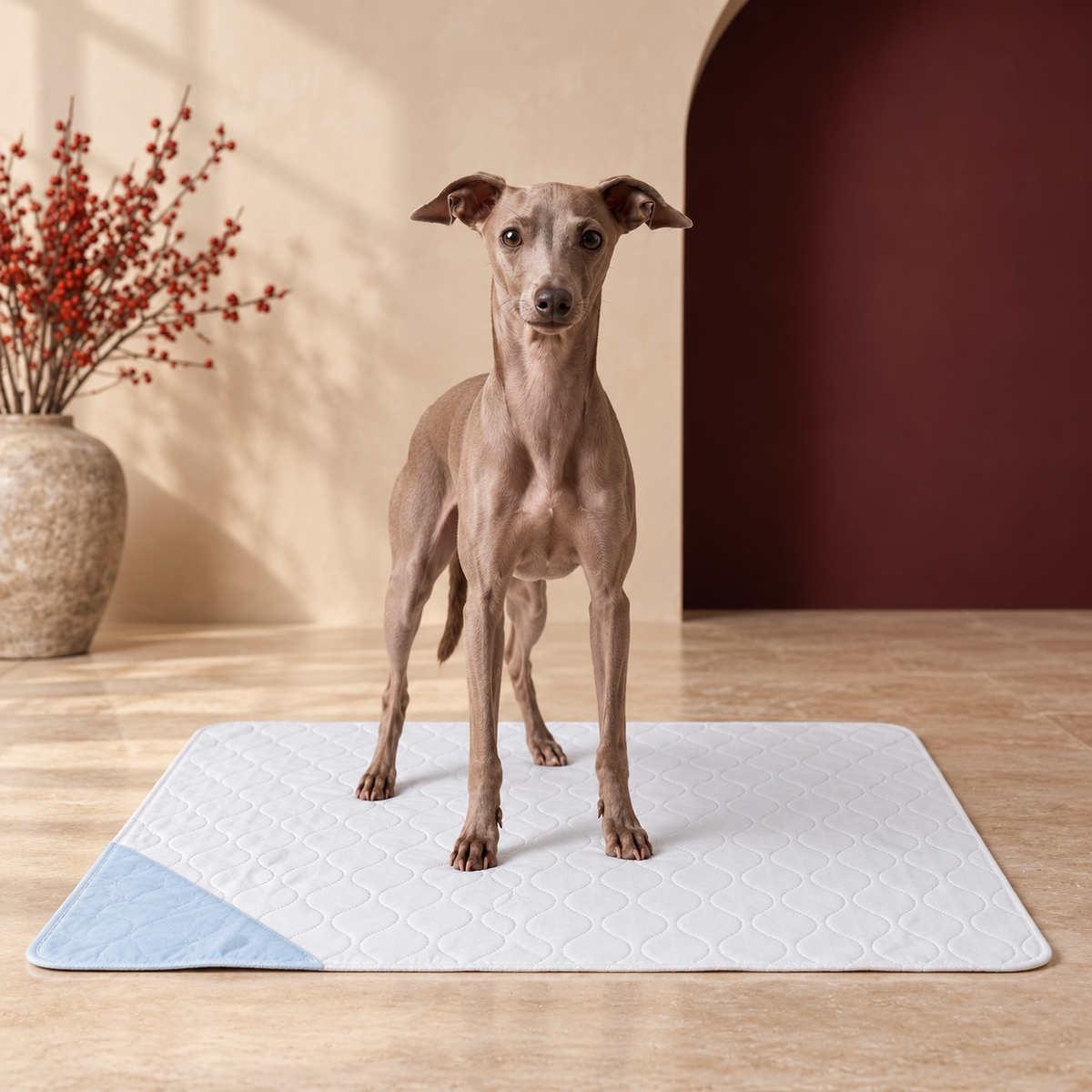 White Washable Dog Training Pad in White, with an Italian Greyhound