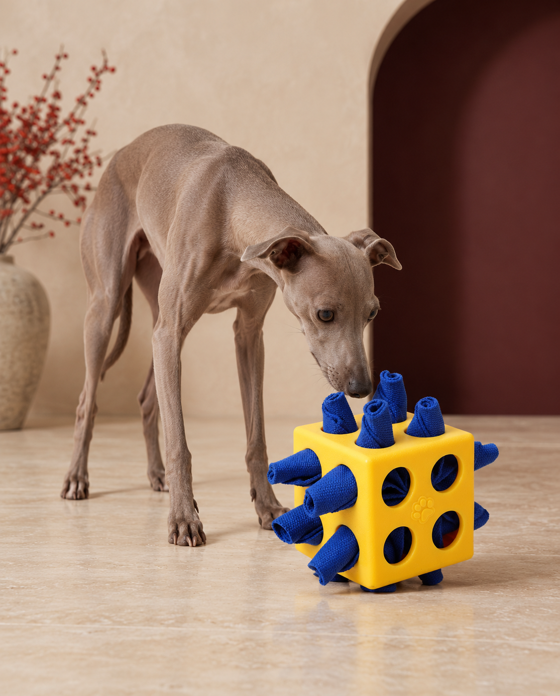 Fabric Roll Treat Puzzle Cube in Yellow, with an Italian Greyhound