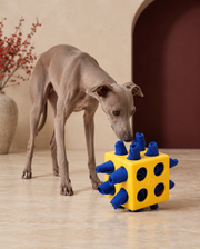 Fabric Roll Treat Puzzle Cube in Yellow, with an Italian Greyhound