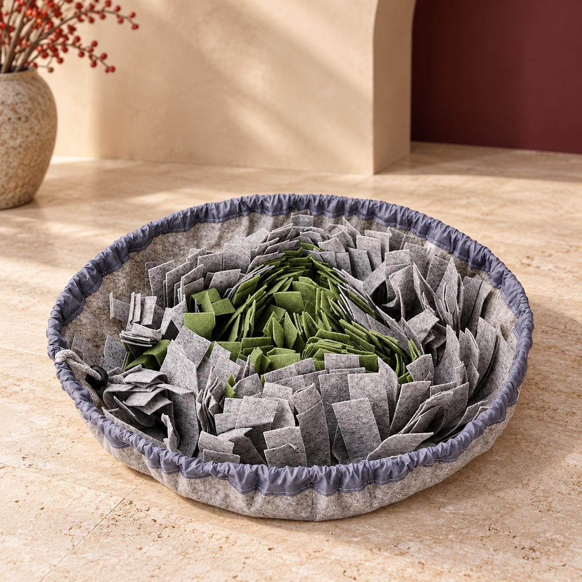 Drawstring Bowl Snuffle Mat in Green & Mid Gray, product detail