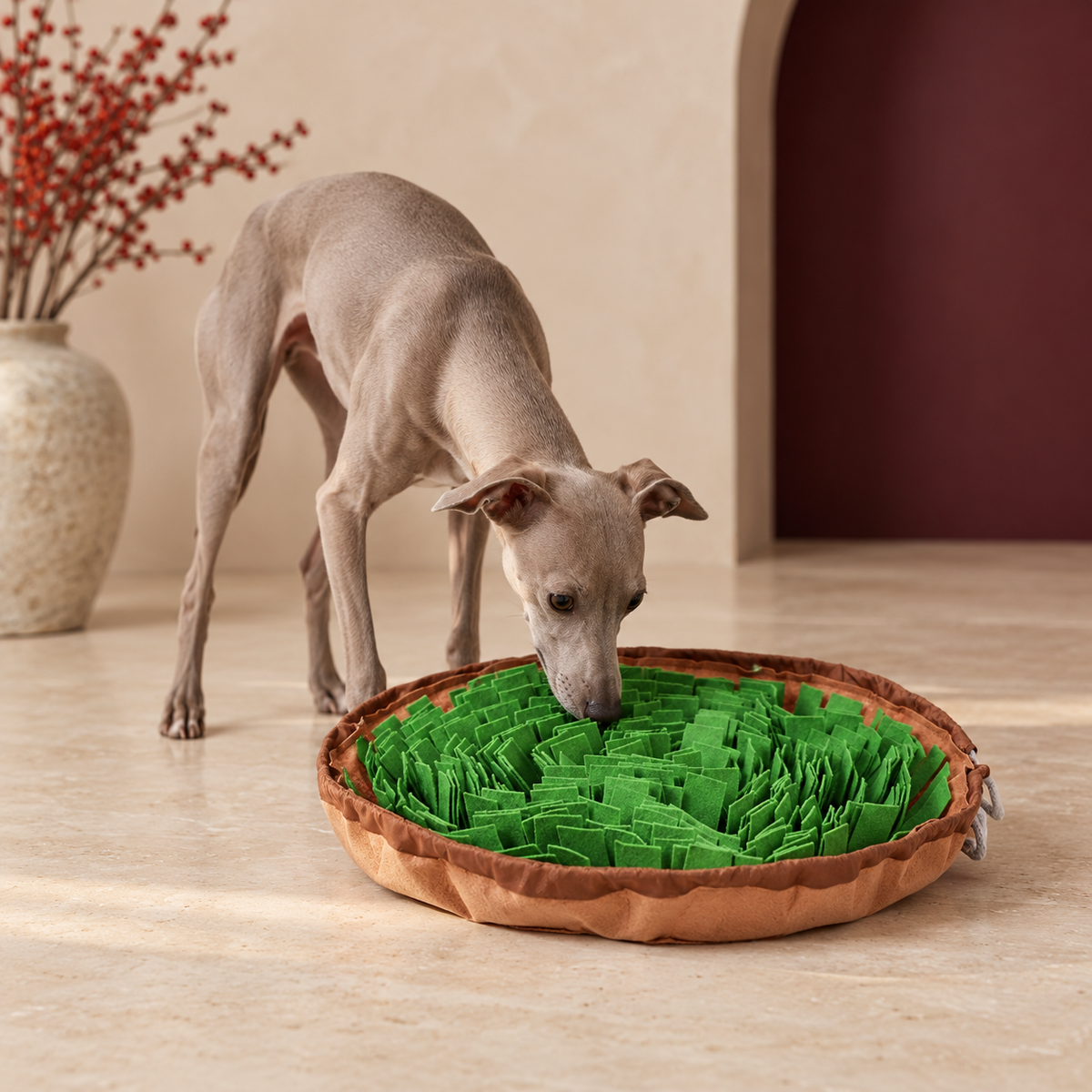 Drawstring Bowl Snuffle Mat in Army Green, with an Italian Greyhound