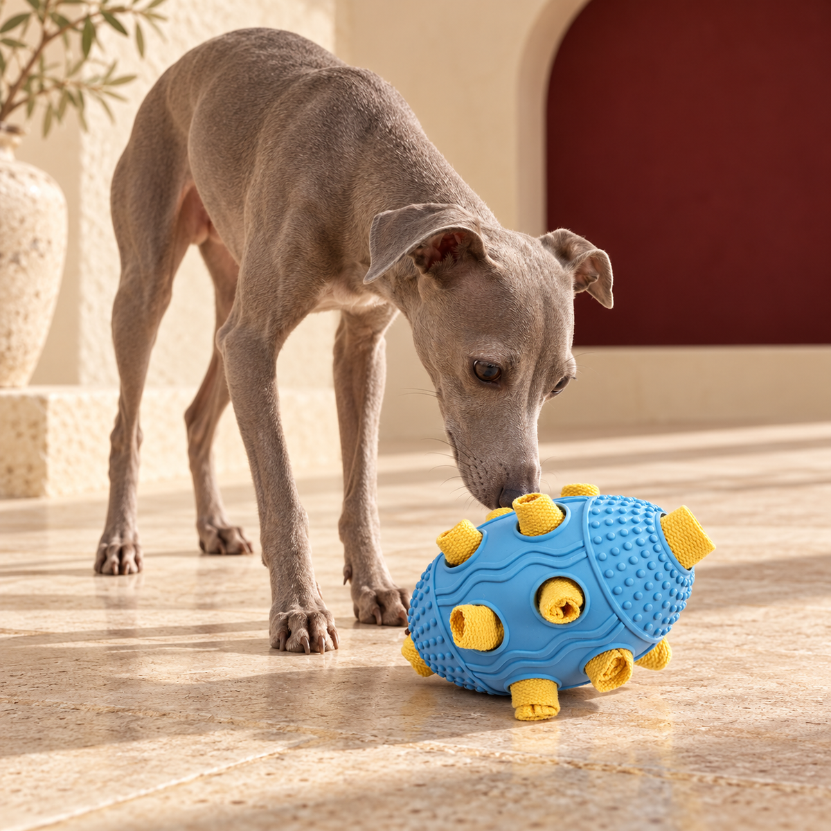 Italian Greyhound using Fabric Roll Football Dog Snuffle Toy — Blue hero