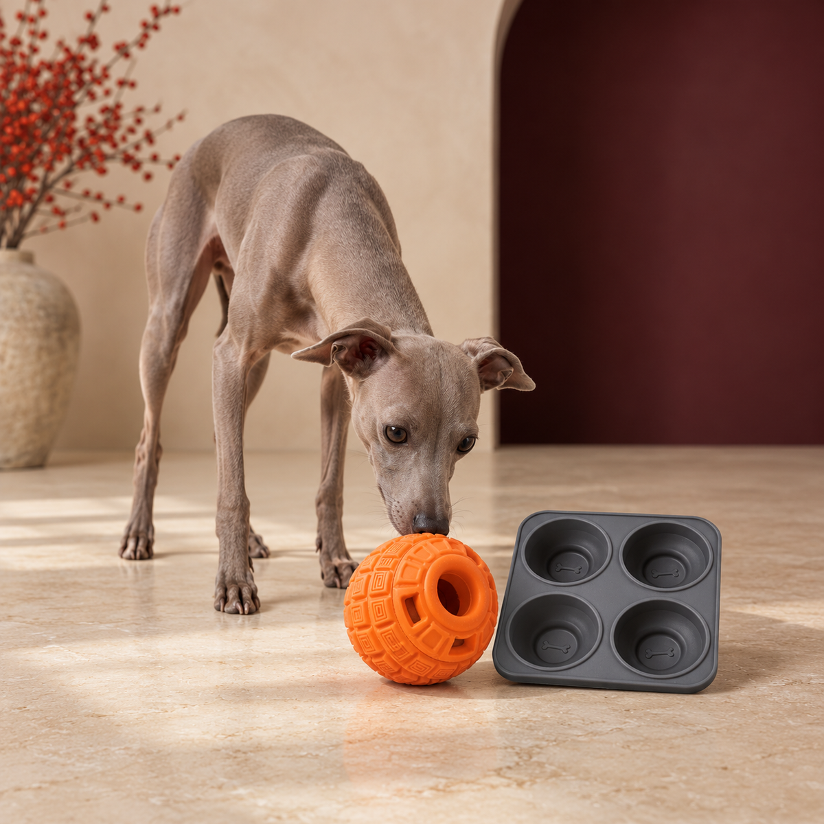 Rubber Treat Ball and Mould Set in Orange, with an Italian Greyhound