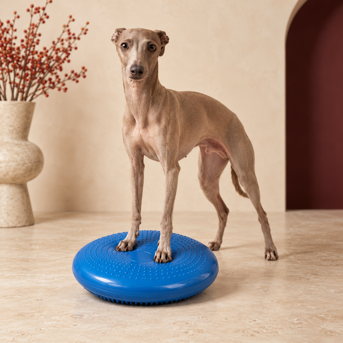 Italian Greyhound placing its front paws on a blue balance cushion