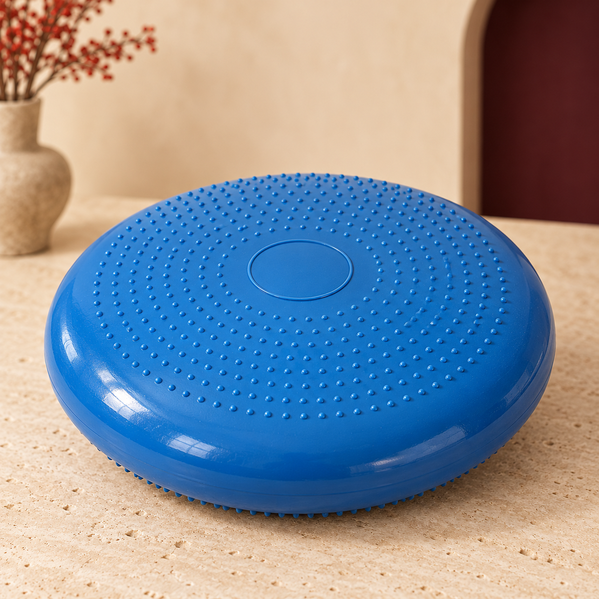 Close-up of the blue balance cushion texture and curved edge