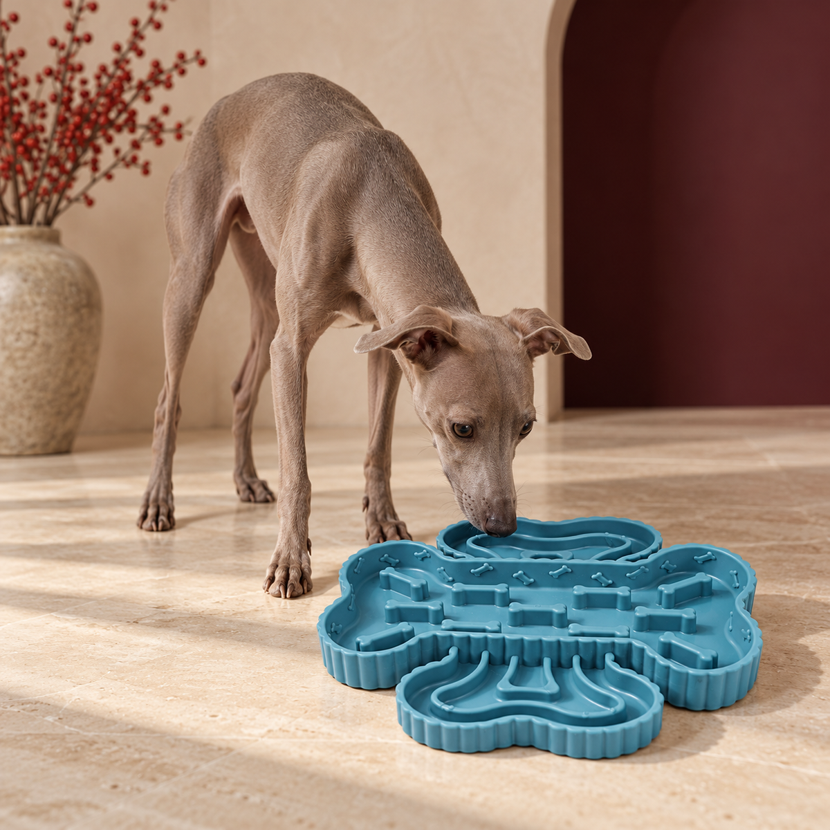 Textured Suction Slow Feeder in Blue, with an Italian Greyhound