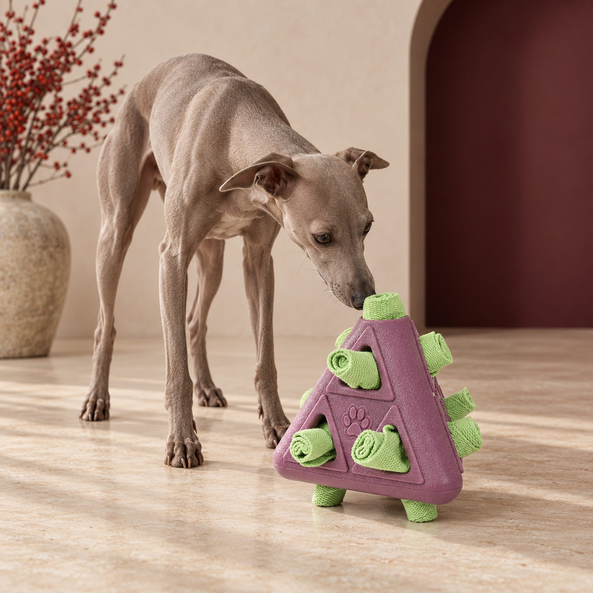 Fabric Roll Snuffle Pyramid in Purple, with an Italian Greyhound