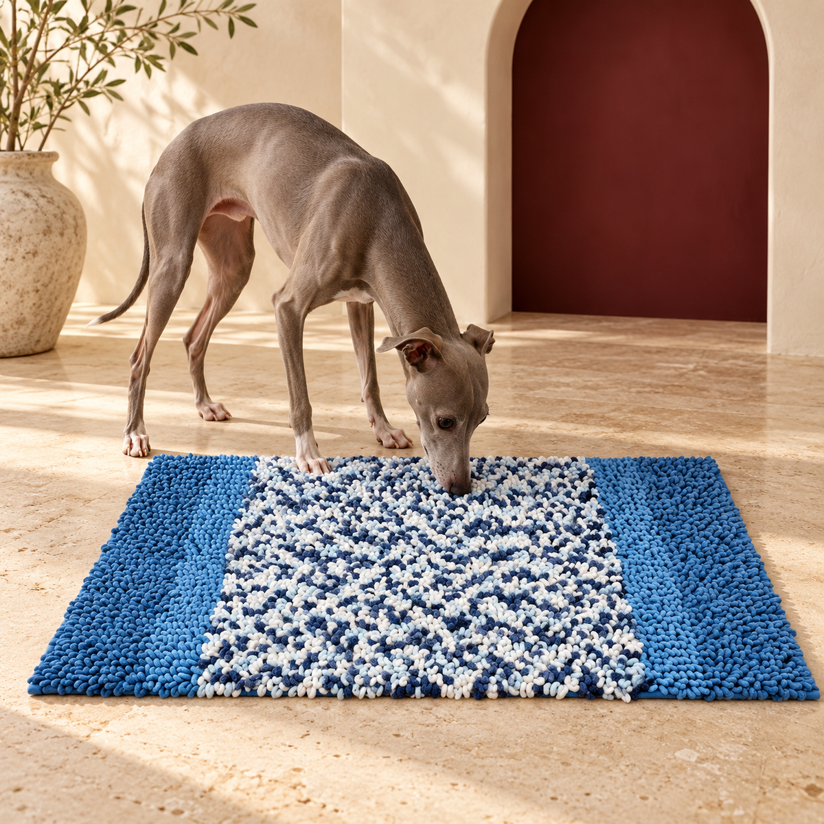Italian Greyhound using Blue Tufted Dog Snuffle Mat — Blue hero