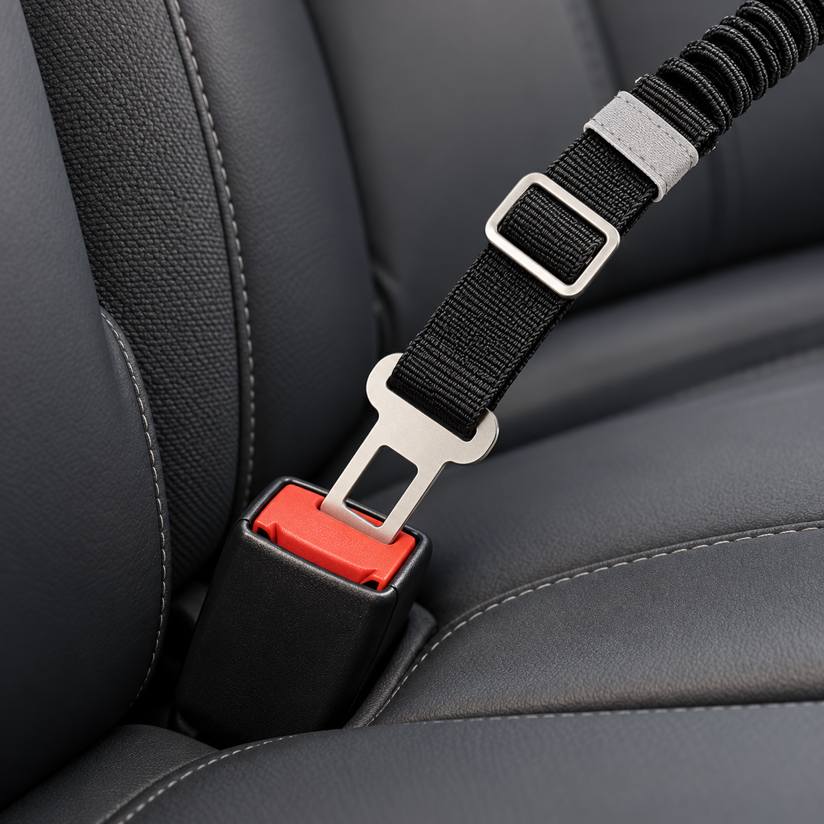 Detail of the black tether's seat-belt tongue and adjuster