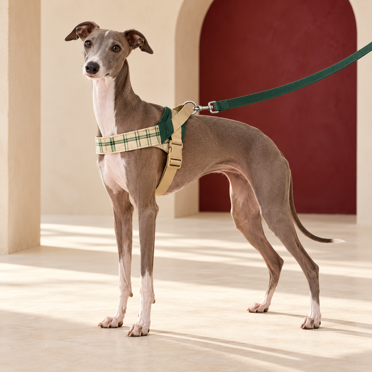 Italian Greyhound wearing the beige and forest-green plaid harness