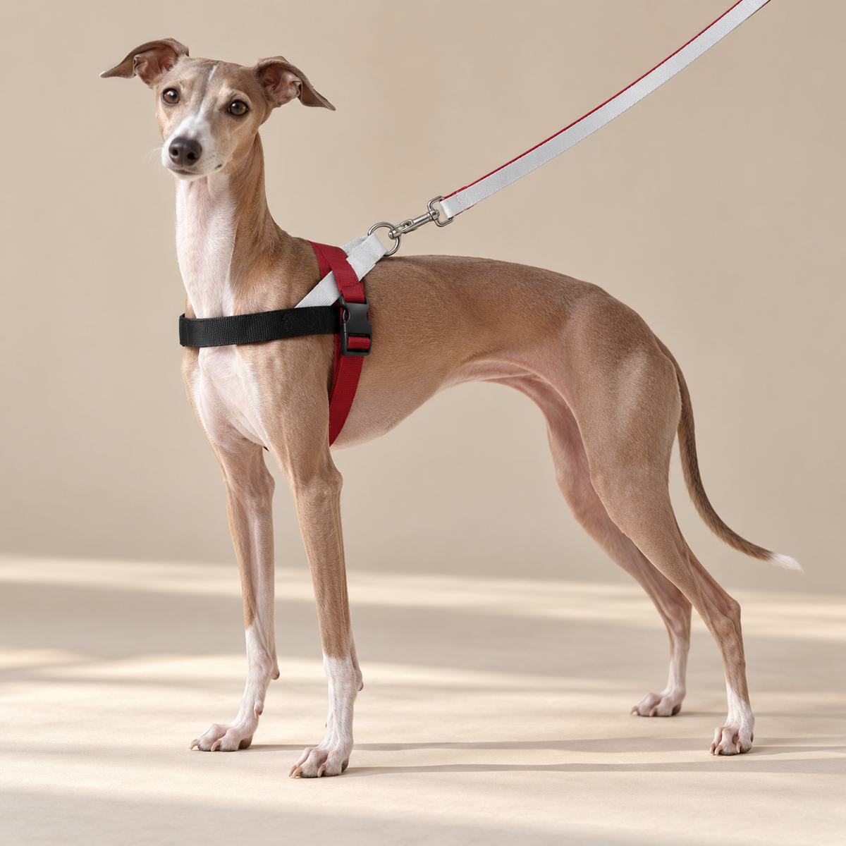 Italian Greyhound wearing the black, red and white Track harness