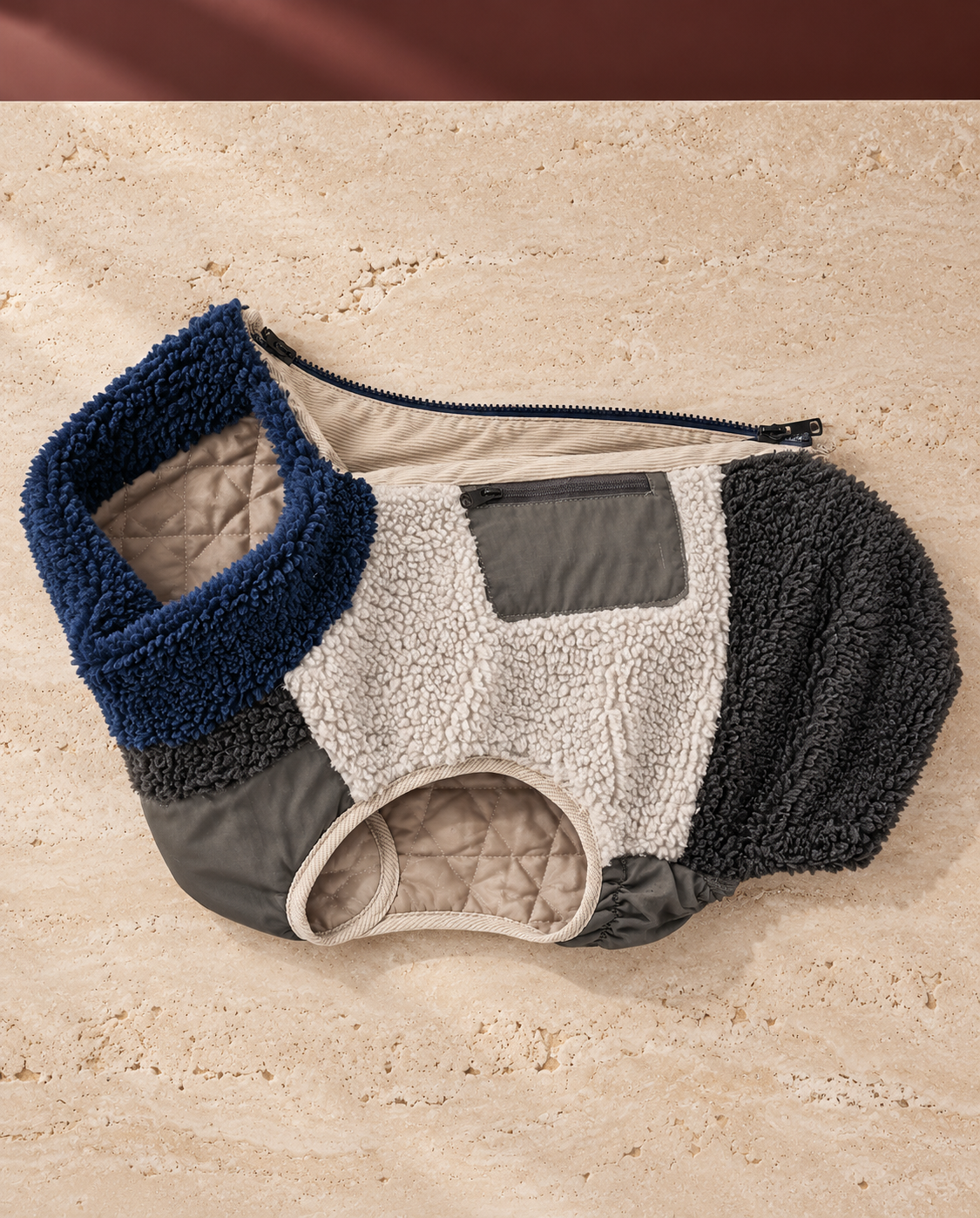 Colorblock Sherpa Dog Vest, Blue, opened flat to show texture and construction