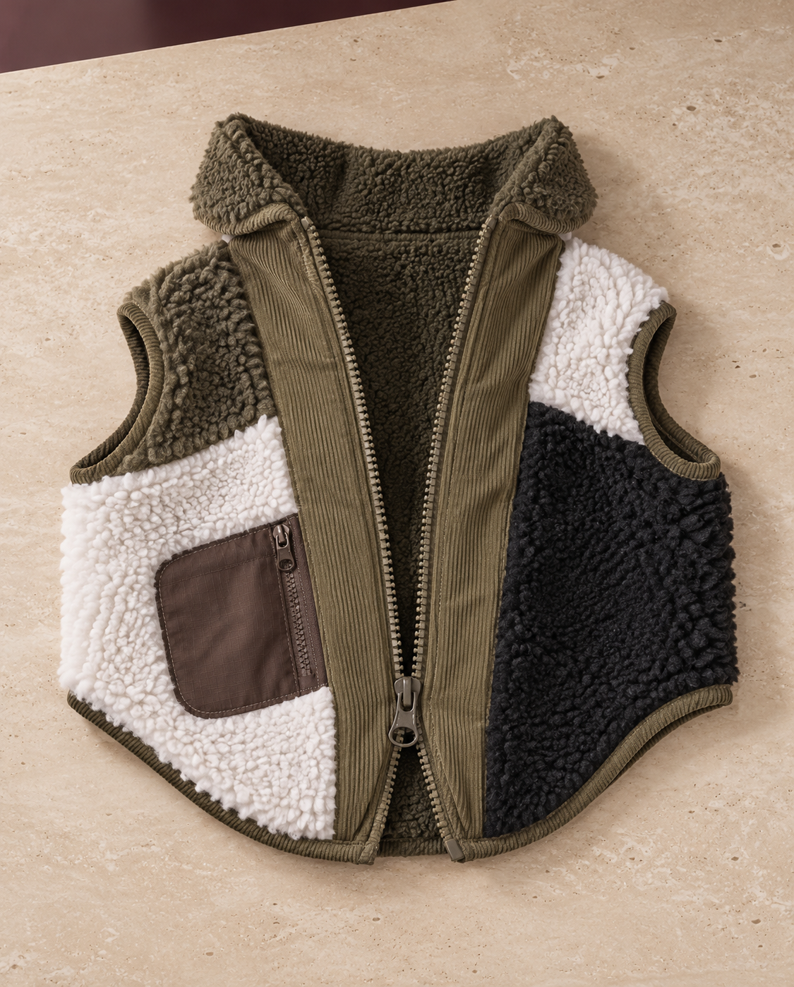 Colorblock Sherpa Dog Vest, Green, opened flat to show texture and construction