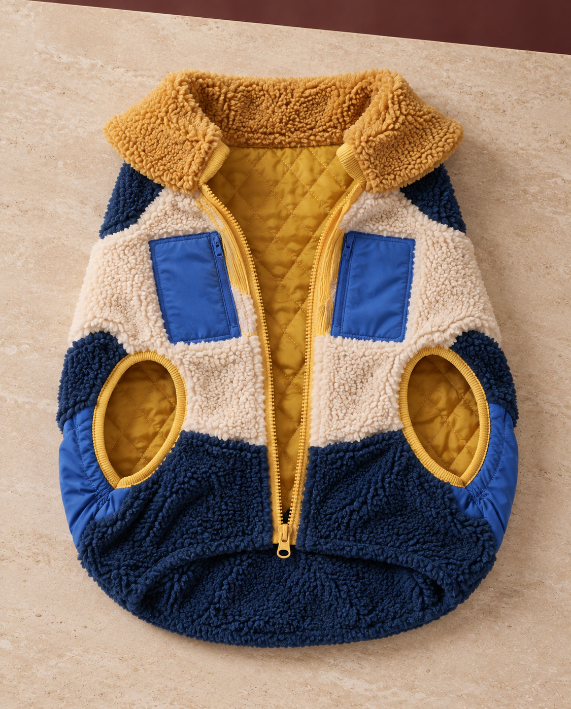 Colorblock Sherpa Dog Vest, Yellow, opened flat to show texture and construction
