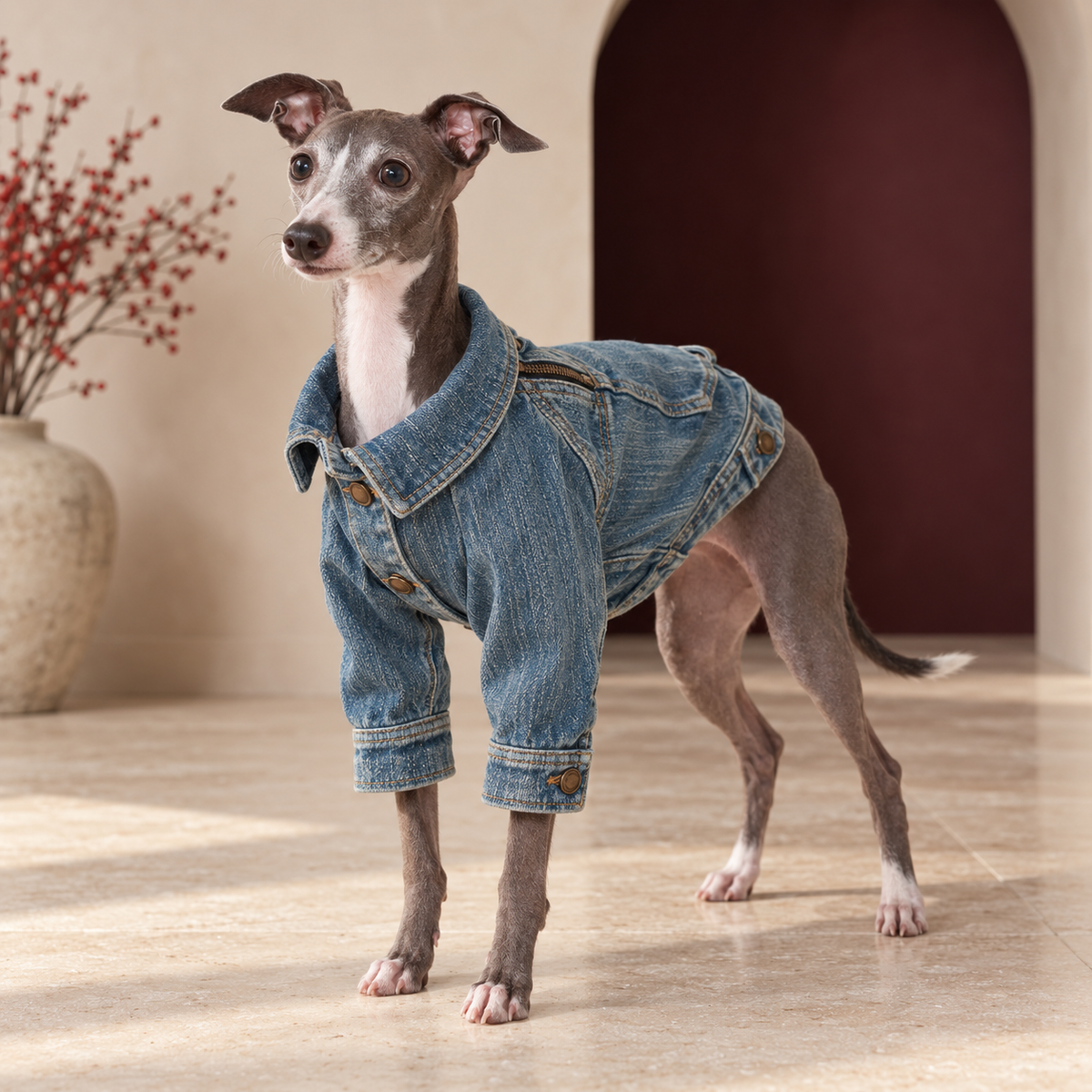 Italian Greyhound wearing washed denim jacket, front collar and sleeve details