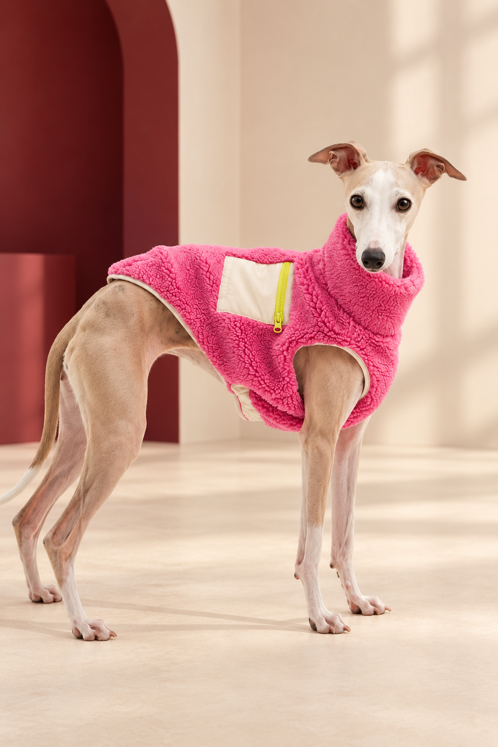 Italian Greyhound wearing neon pink sherpa fleece vest