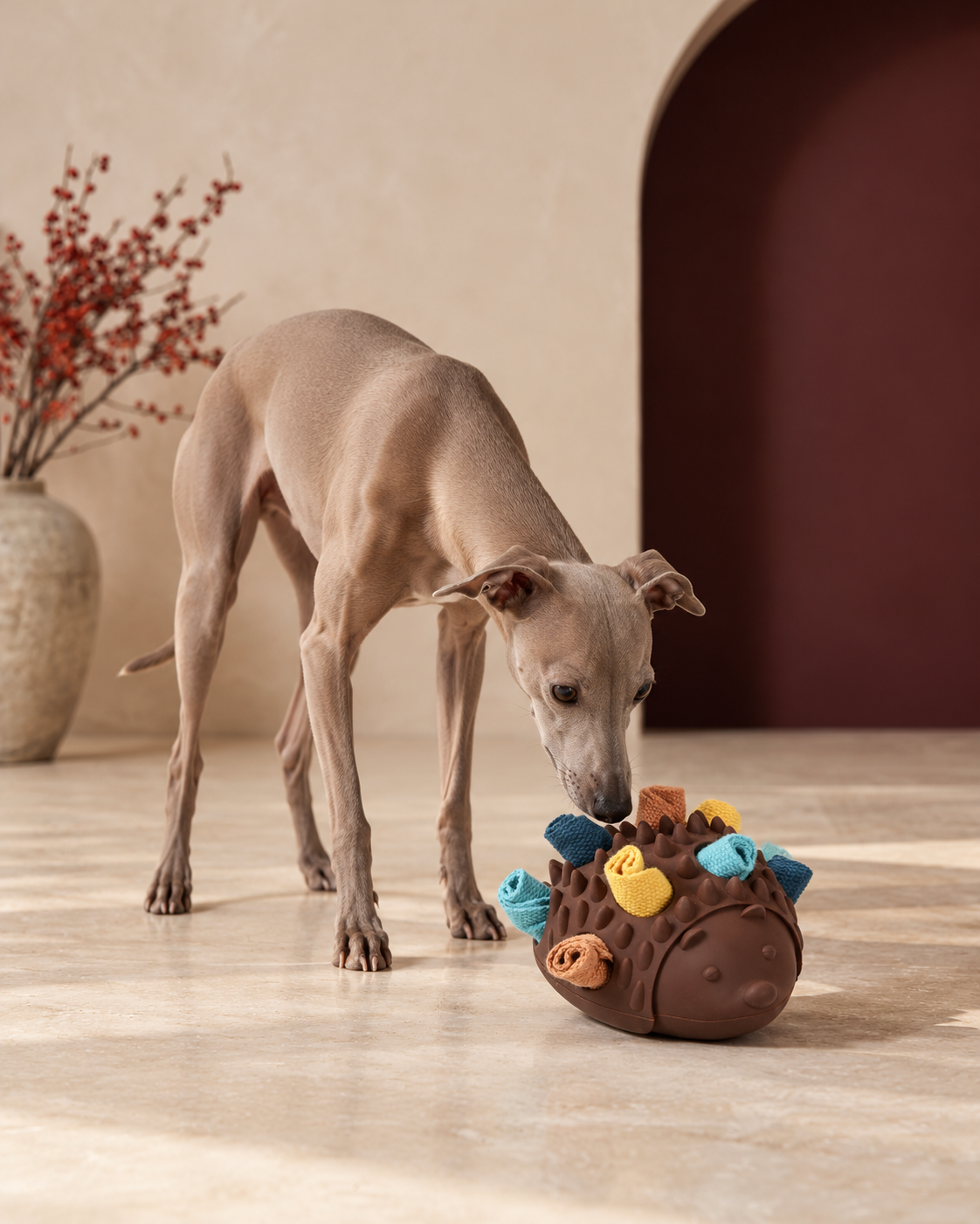 Italian Greyhound sniffing the hedgehog snuffle dog toy in brown