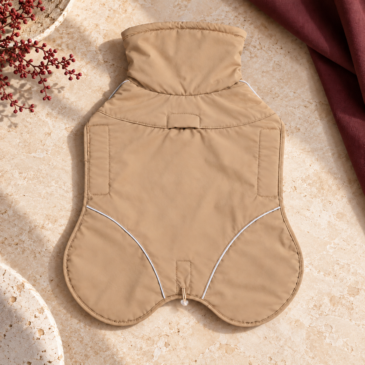 High Neck Outdoor Dog Coat in Beige, outer fabric and construction detail