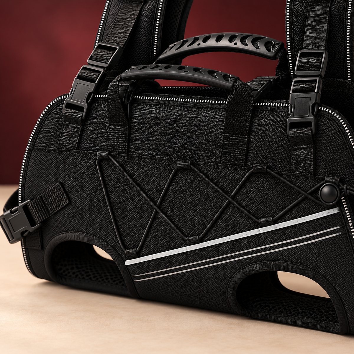 Close-up of black carrier front bungee and leg openings