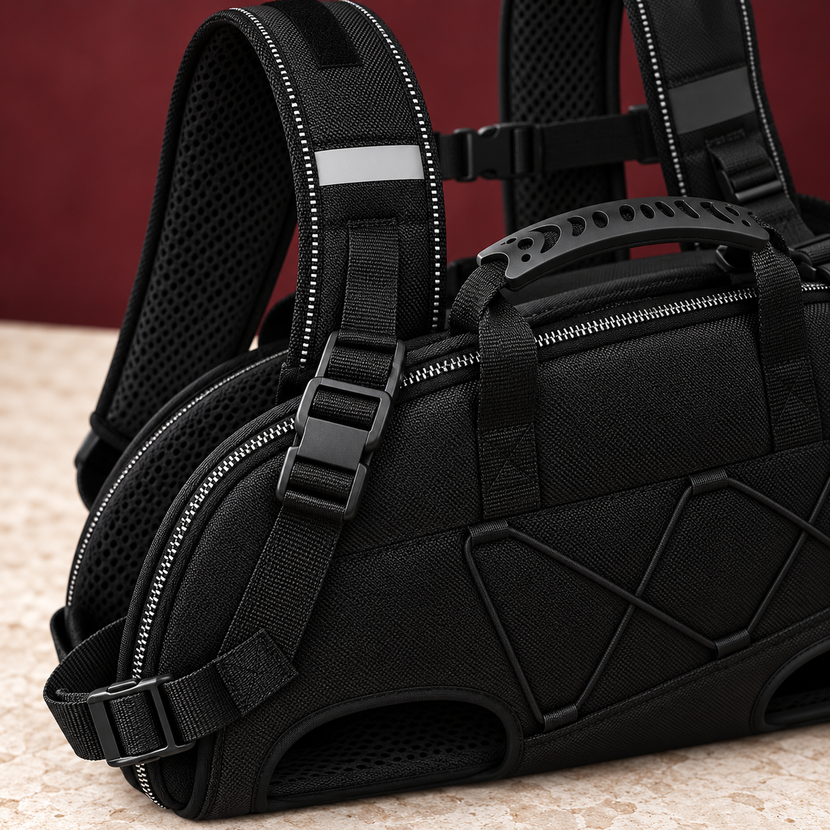 Close-up of black carrier shoulder straps, handle and zipper