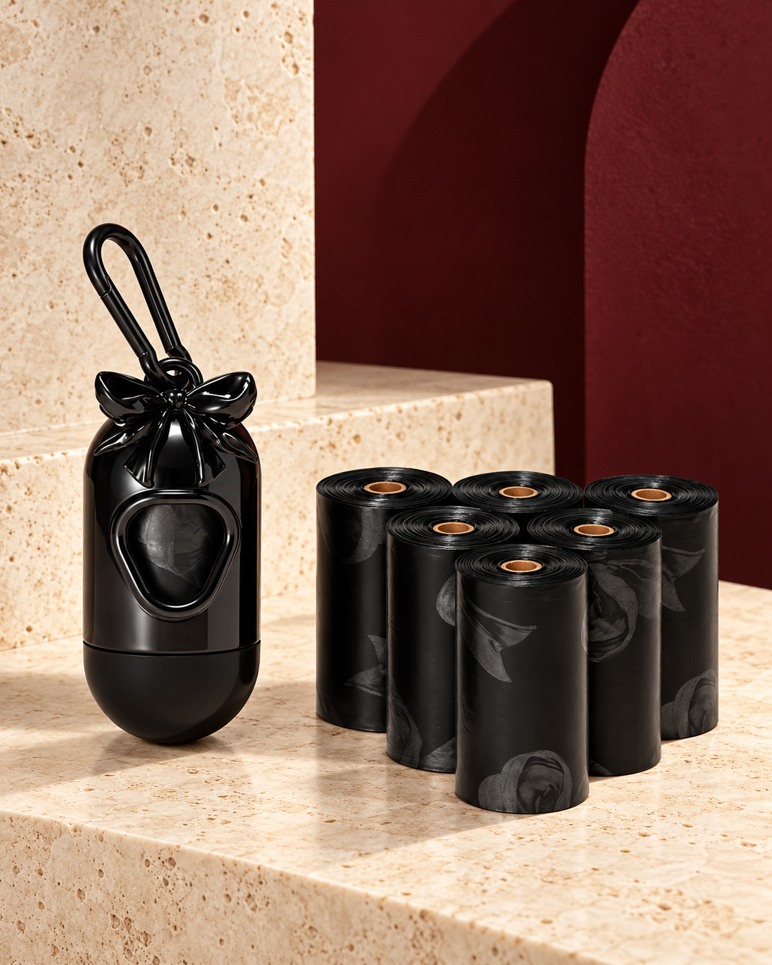 Bow dog waste-bag dispenser and matching bag rolls