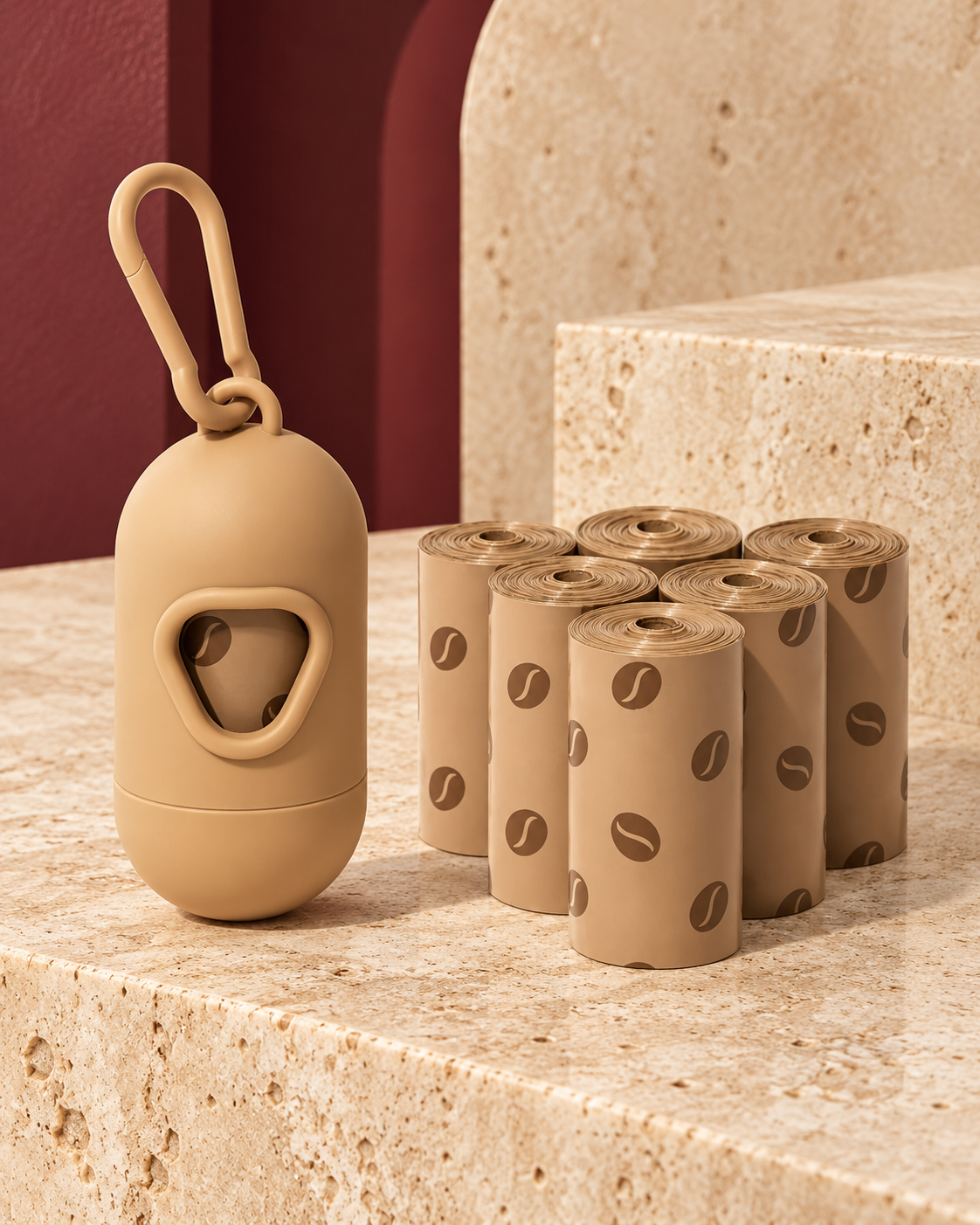 Coffee dog waste-bag dispenser and matching bag rolls