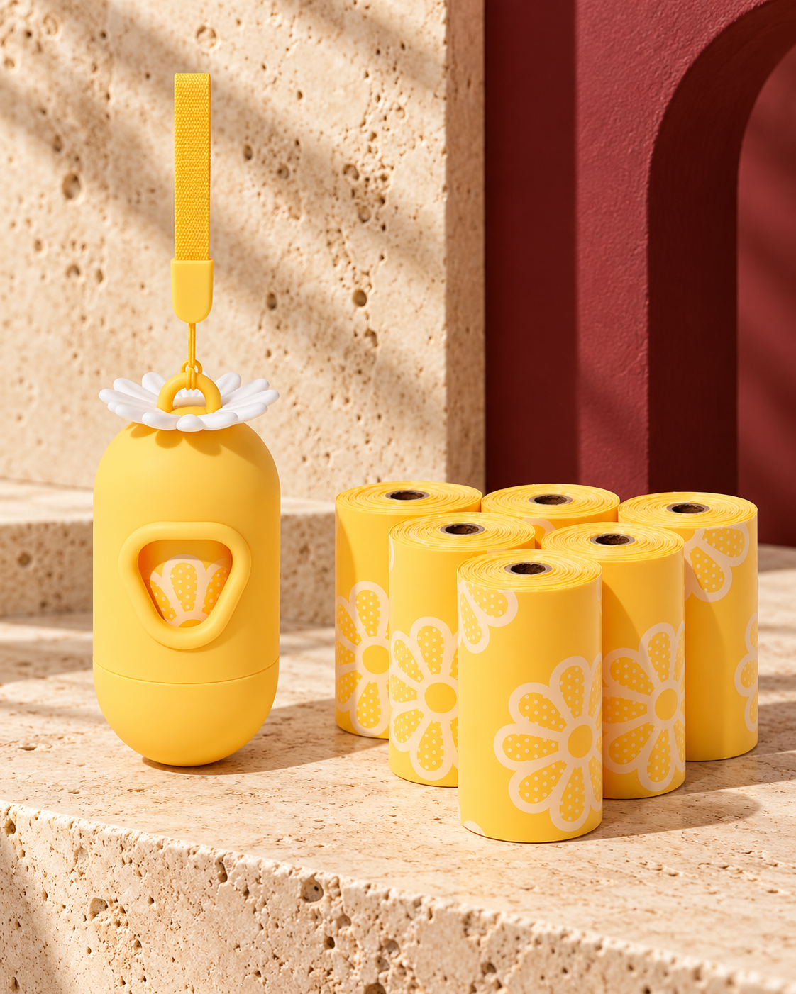 Daisy dog waste-bag dispenser and matching bag rolls