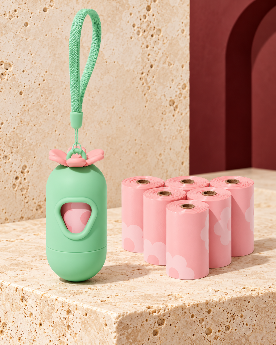 Flower dog waste-bag dispenser and matching bag rolls