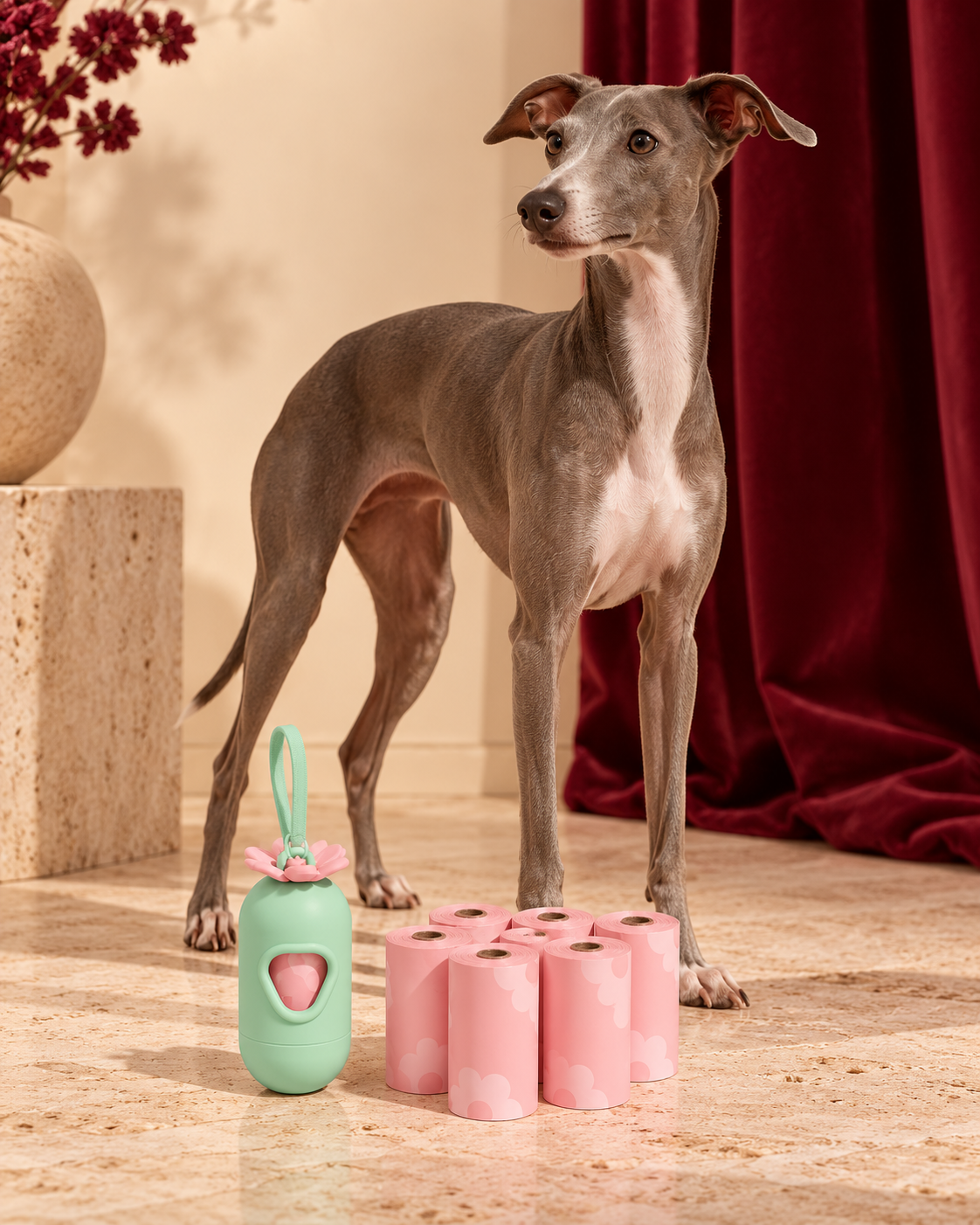 Italian Greyhound beside floral dog waste-bag dispenser kit