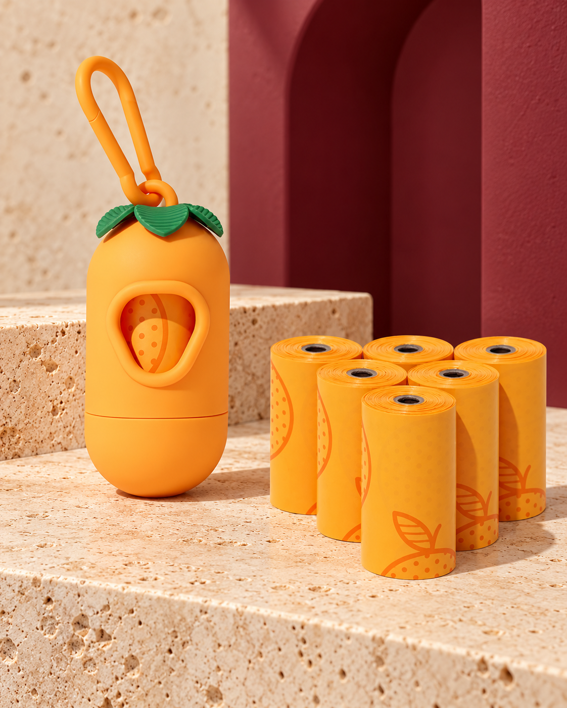 Orange dog waste-bag dispenser and matching bag rolls
