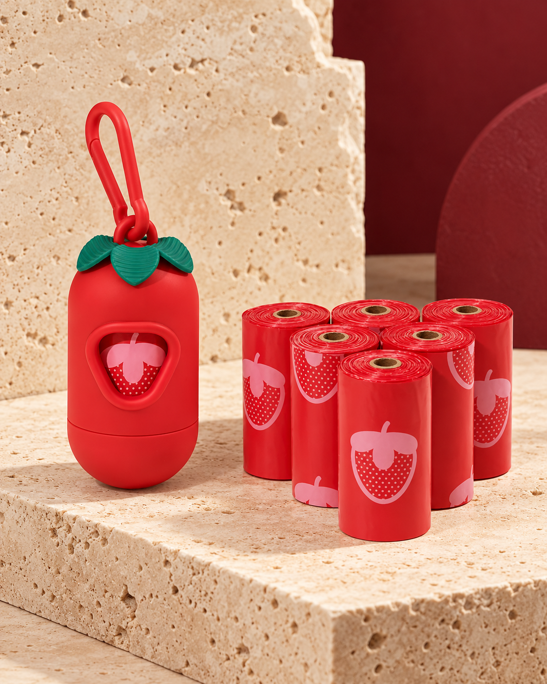 Strawberry dog waste-bag dispenser and matching bag rolls