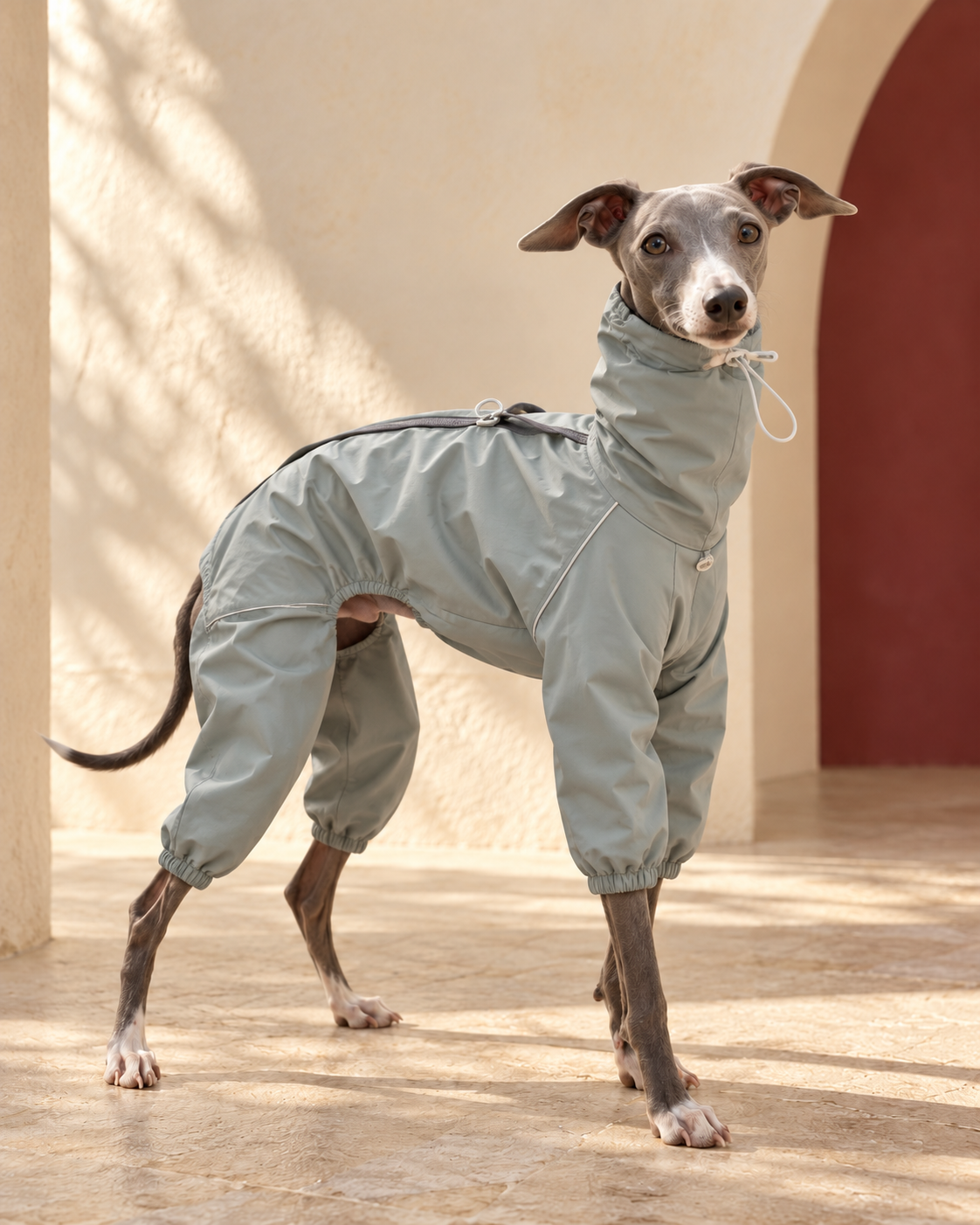 Adjustable-Neck Four-Leg Iggy Rain Suit, worn by an Italian Greyhound