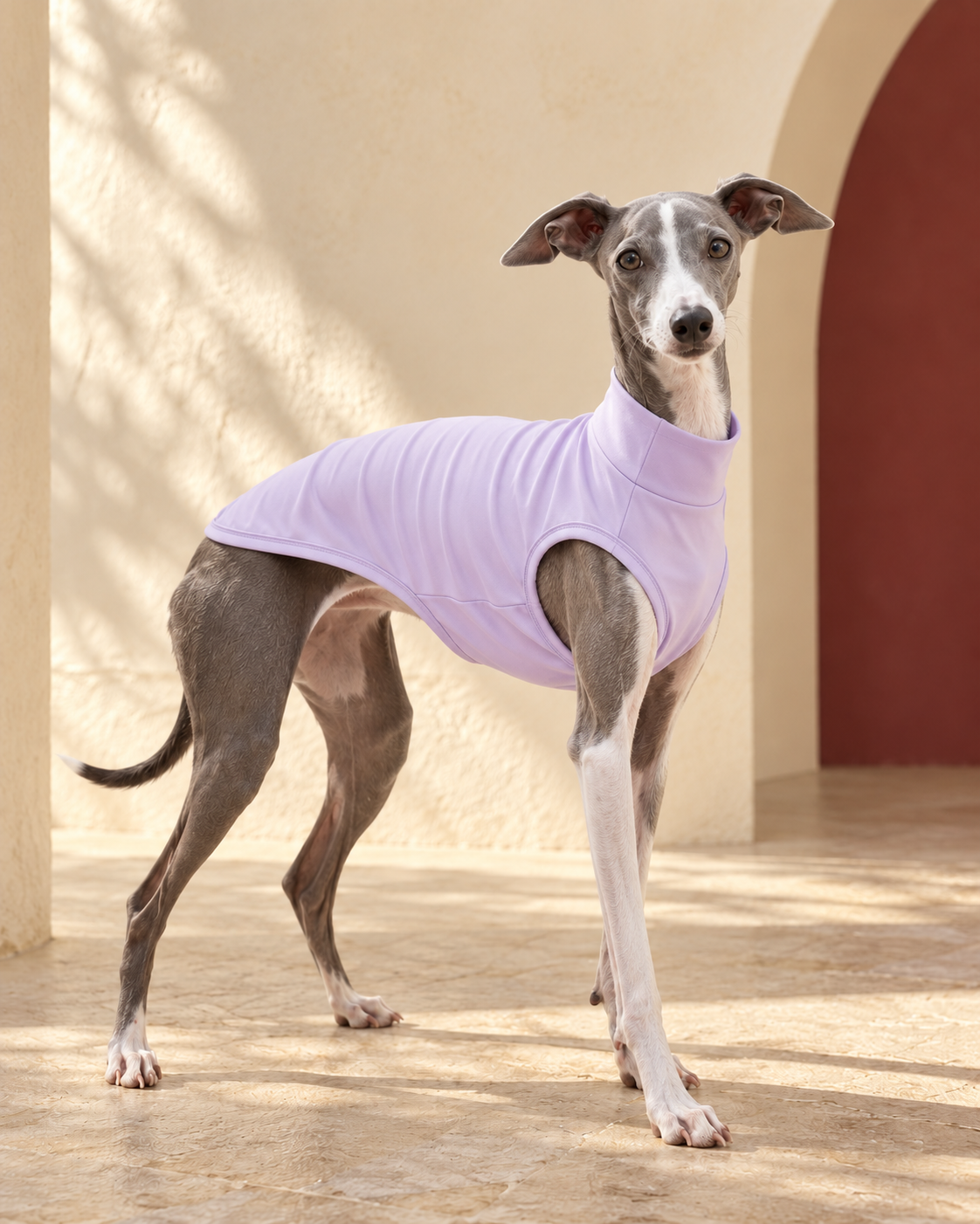 Lightweight High-Neck Iggy Vest in Lavender, worn by an Italian Greyhound