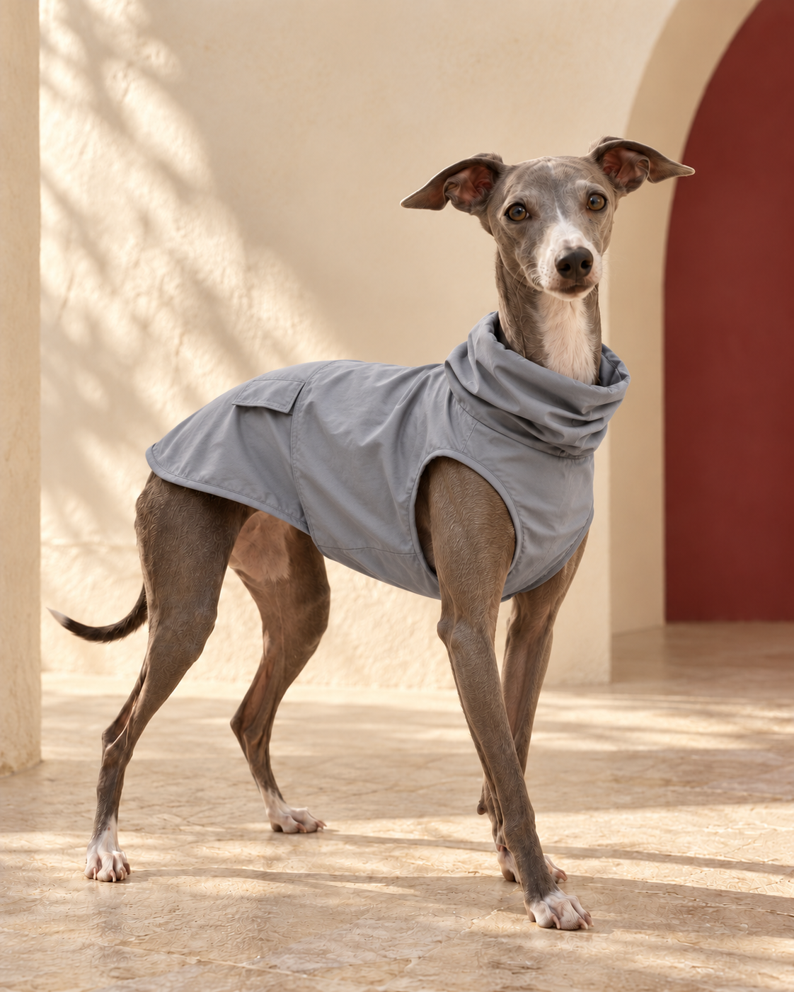 Lightweight Iggy Outdoor Vest in Grey, worn by an Italian Greyhound