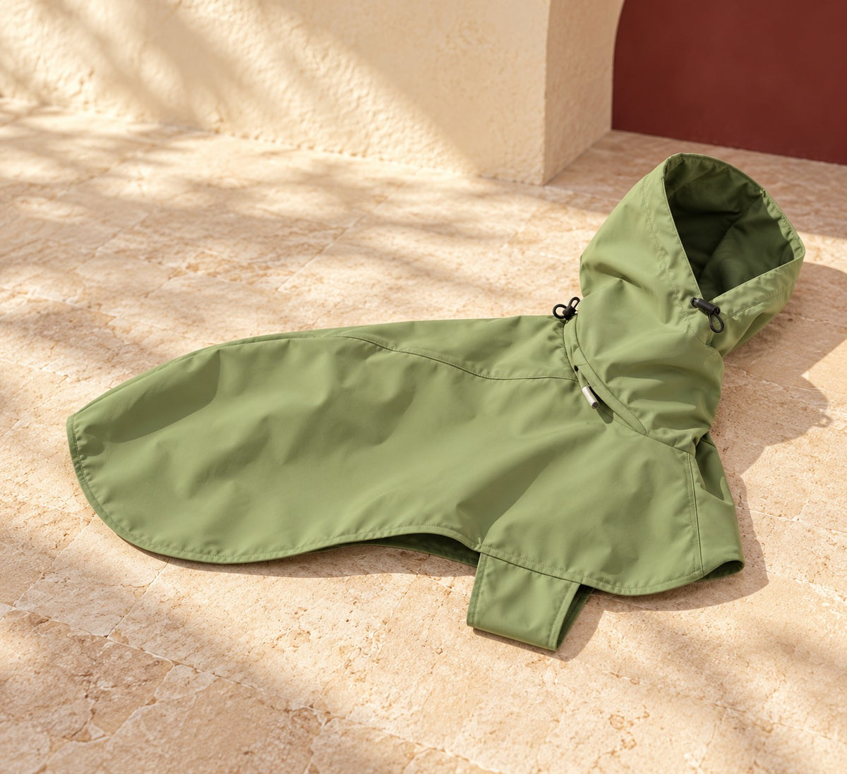 Hooded Wraparound Iggy Rain Cape in Olive Green, garment detail
