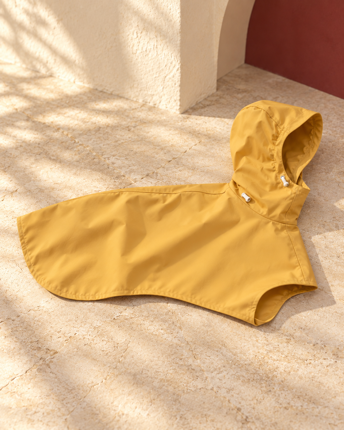 Hooded Wraparound Iggy Rain Cape in Mustard Yellow, garment detail